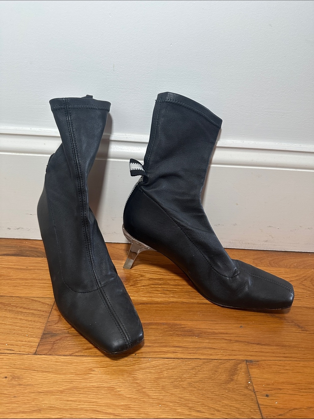Black Stretch Sock Boots with Clear Kitten Heel